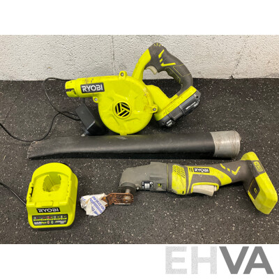 RYOBI One+ 18V Blower  (R18TB), Multi Tool (RMT1801), Battery 18V 2Ah and Battery Charger - Lot of 4