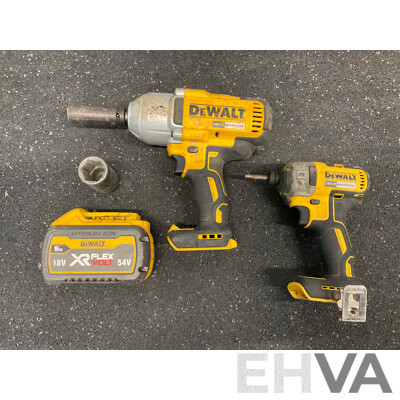 DeWALT Brushless 18V Impact Wrench (DCF899-XE), Cordless Impact Driver (DCF887-XE) and 9AH 18V Battery - Lot of 3