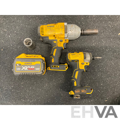DeWALT Brushless 18V Impact Wrench (DCF899-XE), Cordless Impact Driver (DCF887-XE) and 9AH 18V Battery - Lot of 3