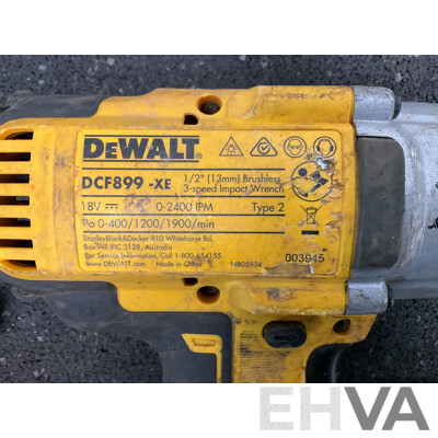 DeWALT Brushless 18V Impact Wrench (DCF899-XE), Cordless Impact Driver (DCF887-XE) and 9AH 18V Battery - Lot of 3