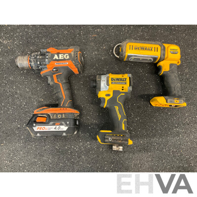 DeWALT 18V  Impact Driver (DCF860), Work Led Light (DCL050) and AEG 18V Hammer Drill (BSB18BL) with 4.0Ah Battery  - Lot of 4