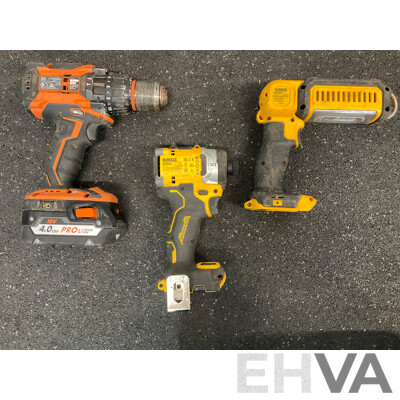 DeWALT 18V  Impact Driver (DCF860), Work Led Light (DCL050) and AEG 18V Hammer Drill (BSB18BL) with 4.0Ah Battery  - Lot of 4