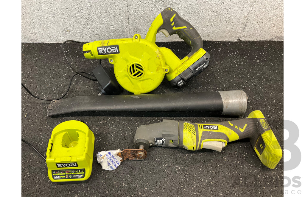 RYOBI One+ 18V Blower  (R18TB), Multi Tool (RMT1801), Battery 18V 2Ah and Battery Charger - Lot of 4
