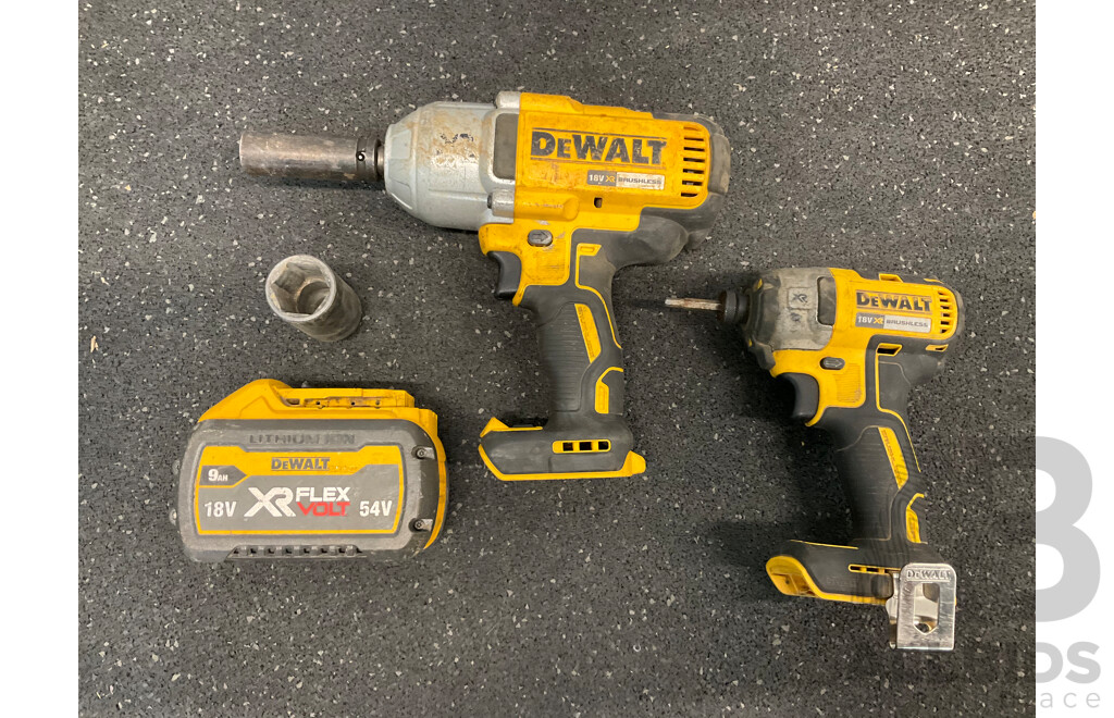 DeWALT Brushless 18V Impact Wrench (DCF899-XE), Cordless Impact Driver (DCF887-XE) and 9AH 18V Battery - Lot of 3