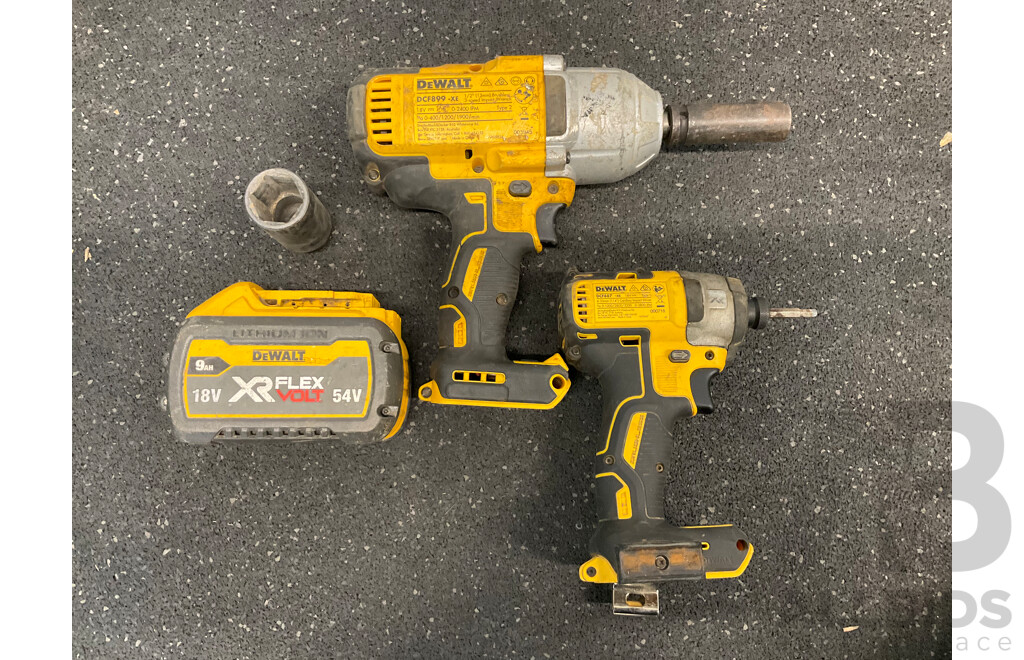 DeWALT Brushless 18V Impact Wrench (DCF899-XE), Cordless Impact Driver (DCF887-XE) and 9AH 18V Battery - Lot of 3