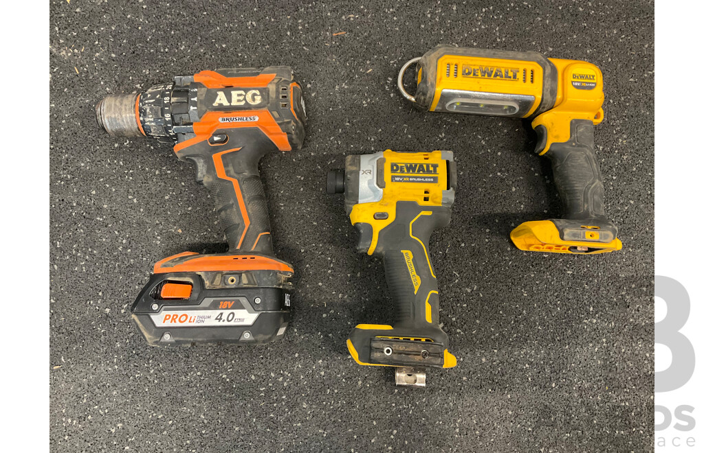 DeWALT 18V  Impact Driver (DCF860), Work Led Light (DCL050) and AEG 18V Hammer Drill (BSB18BL) with 4.0Ah Battery  - Lot of 4