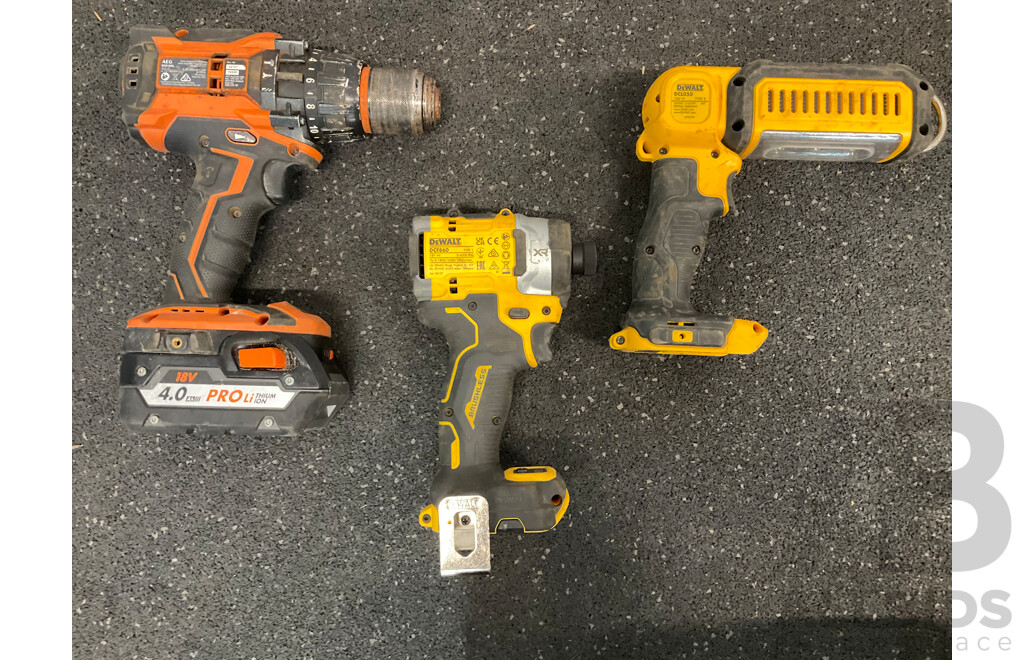 DeWALT 18V  Impact Driver (DCF860), Work Led Light (DCL050) and AEG 18V Hammer Drill (BSB18BL) with 4.0Ah Battery  - Lot of 4