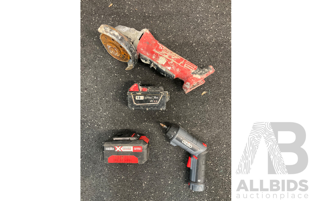 MILWAUKE Angle Grinder and 18V 4.0Ah Battery, OZITO 3.0Ah Batttery and Screwdriver  - Lot of 4