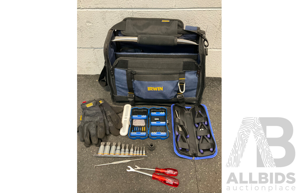 IRWIN Centre Tote Tool Bag and Tools, Including KINCROME Set and Spline Bit Rail Set, MECHPRO Pliers Set and More