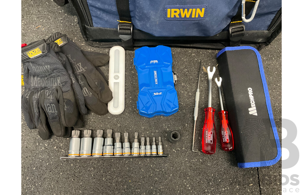 IRWIN Centre Tote Tool Bag and Tools, Including KINCROME Set and Spline Bit Rail Set, MECHPRO Pliers Set and More
