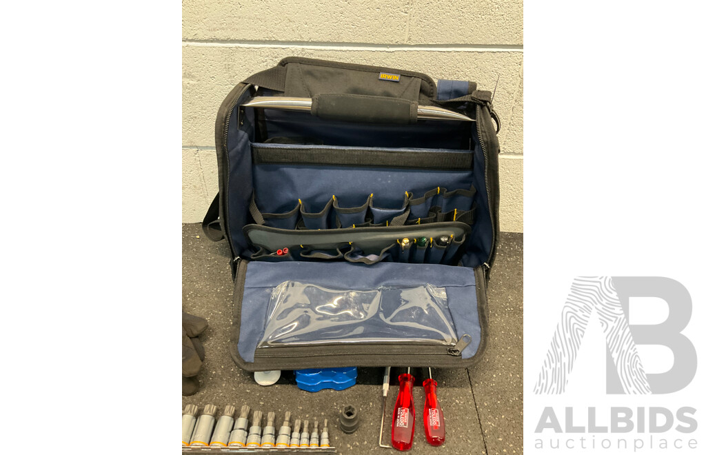 IRWIN Centre Tote Tool Bag and Tools, Including KINCROME Set and Spline Bit Rail Set, MECHPRO Pliers Set and More
