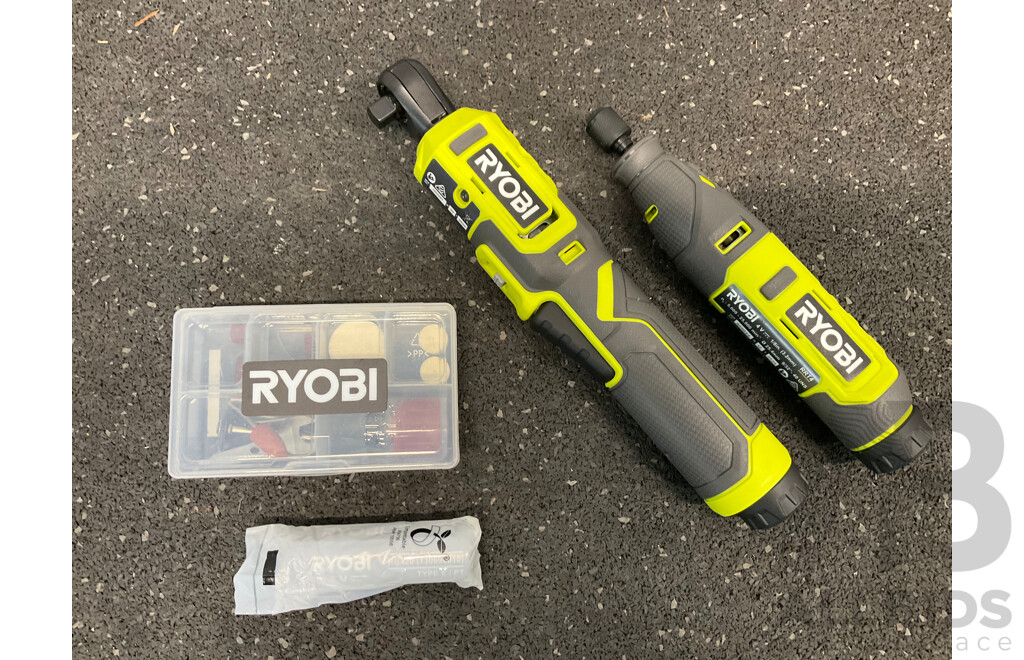 RYOBI 4V USB Lithium Rachet Wrench (RRW4) with Battery,  Rotary Tool (RRT4) Skin Only, Battery and Rotary Tool Accessory Kit - Lot of 4