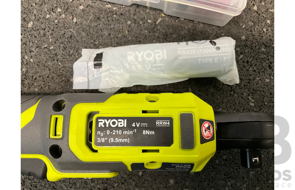 RYOBI 4V USB Lithium Rachet Wrench (RRW4) with Battery,  Rotary Tool (RRT4) Skin Only, Battery and Rotary Tool Accessory Kit - Lot of 4