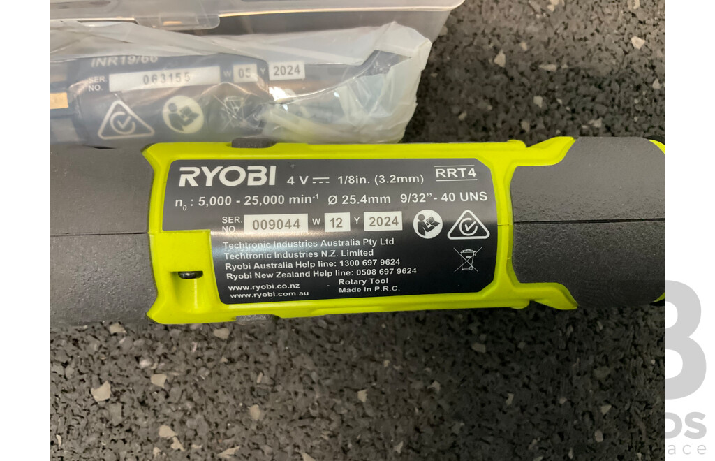 RYOBI 4V USB Lithium Rachet Wrench (RRW4) with Battery,  Rotary Tool (RRT4) Skin Only, Battery and Rotary Tool Accessory Kit - Lot of 4