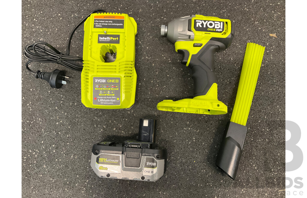 RYOBI ONE+ 18V Impact Driver (RID18X), Battery Charger, 6.0Ah Battery and Stick Vacuum Micro Crevice Tool  - Lot of 4