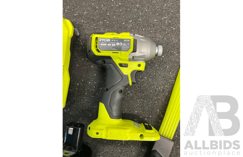 RYOBI ONE+ 18V Impact Driver (RID18X), Battery Charger, 6.0Ah Battery and Stick Vacuum Micro Crevice Tool  - Lot of 4