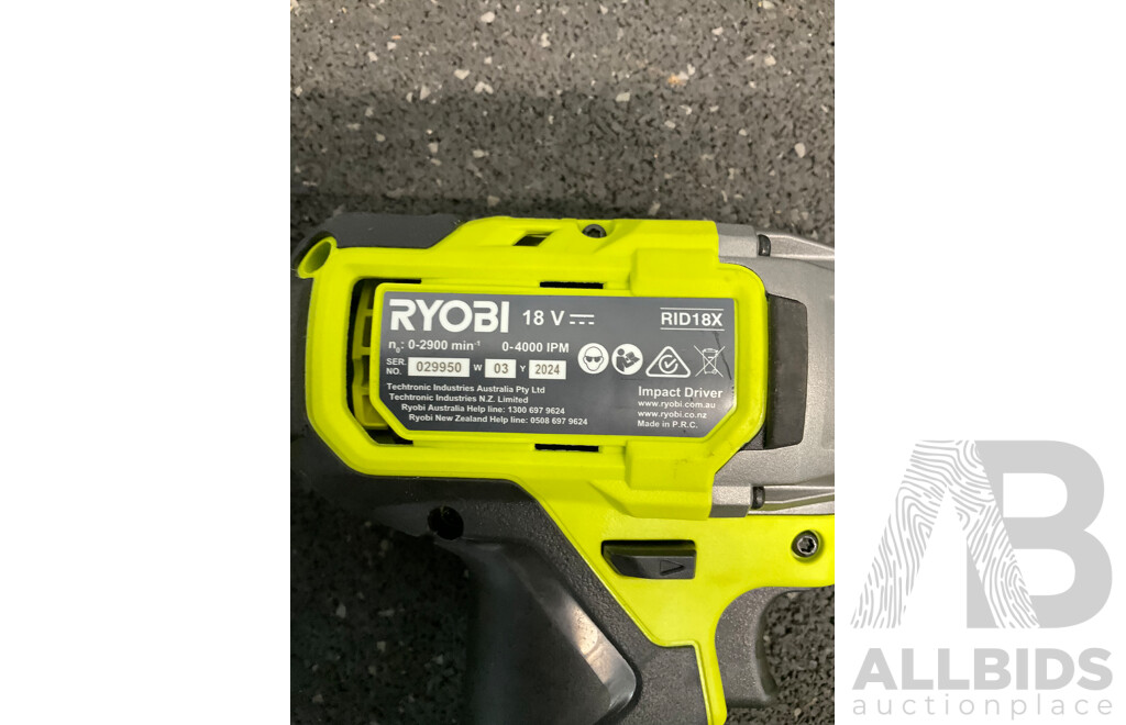 RYOBI ONE+ 18V Impact Driver (RID18X), Battery Charger, 6.0Ah Battery and Stick Vacuum Micro Crevice Tool  - Lot of 4