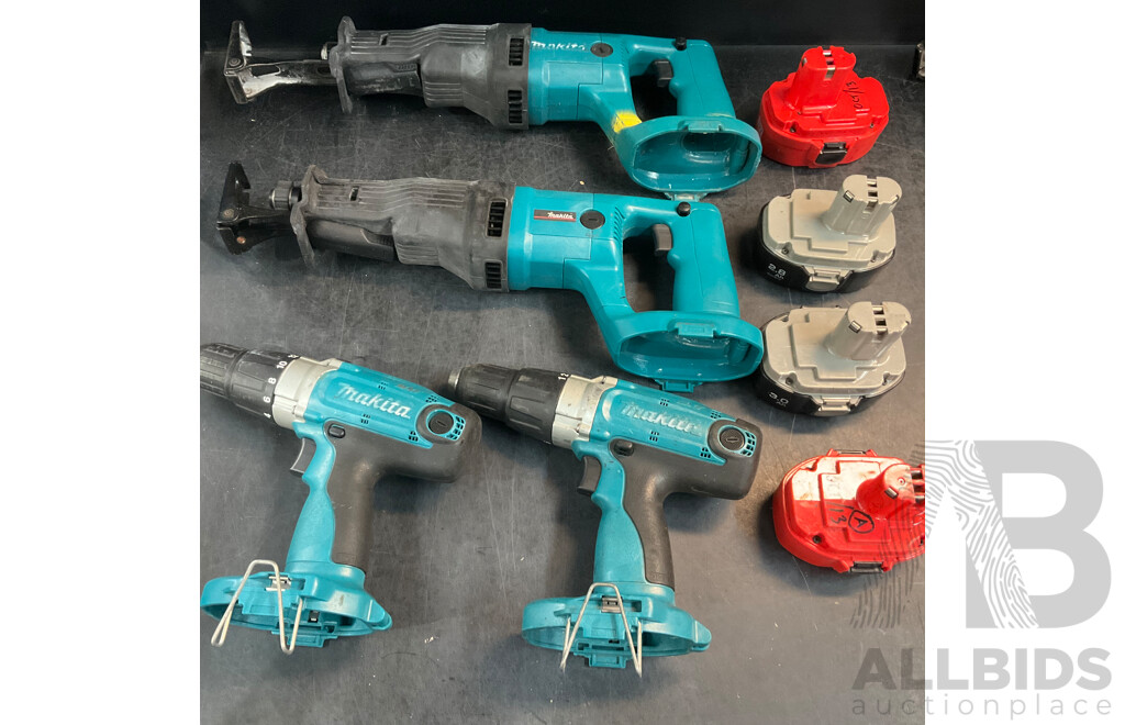 MAKITA 8444D Hammer Drill & Reciprocating Saw with 5 Batteies - Lot of 9