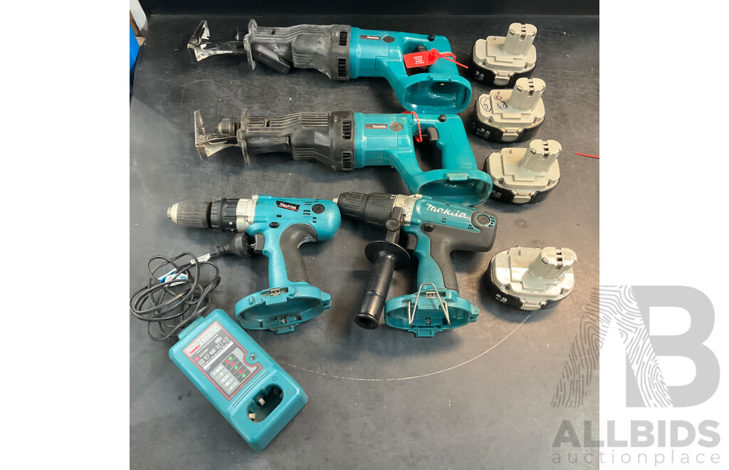 MAKITA 8443D,8444D Hammer Drill & Reciprocating Saw with 4 Batteies & Charger  - Lot of 9