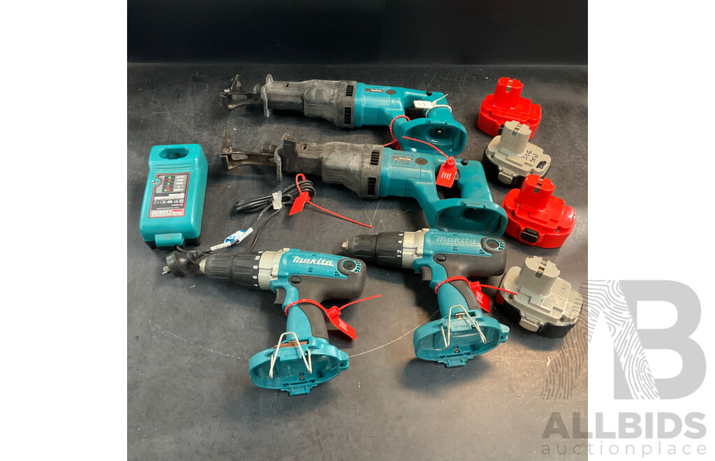MAKITA 8444D Hammer Drill & Reciprocating Saw with 4 Batteies & Charger  - Lot of 9