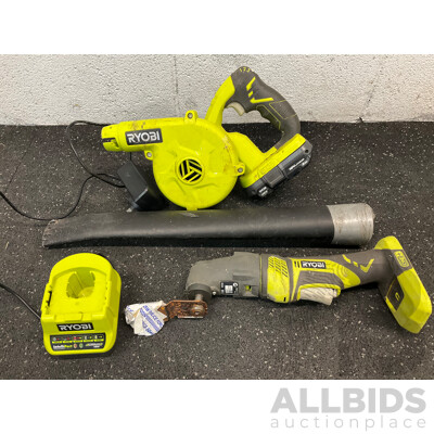 RYOBI One+ 18V Blower  (R18TB), Multi Tool (RMT1801), Battery 18V 2Ah and Battery Charger - Lot of 4