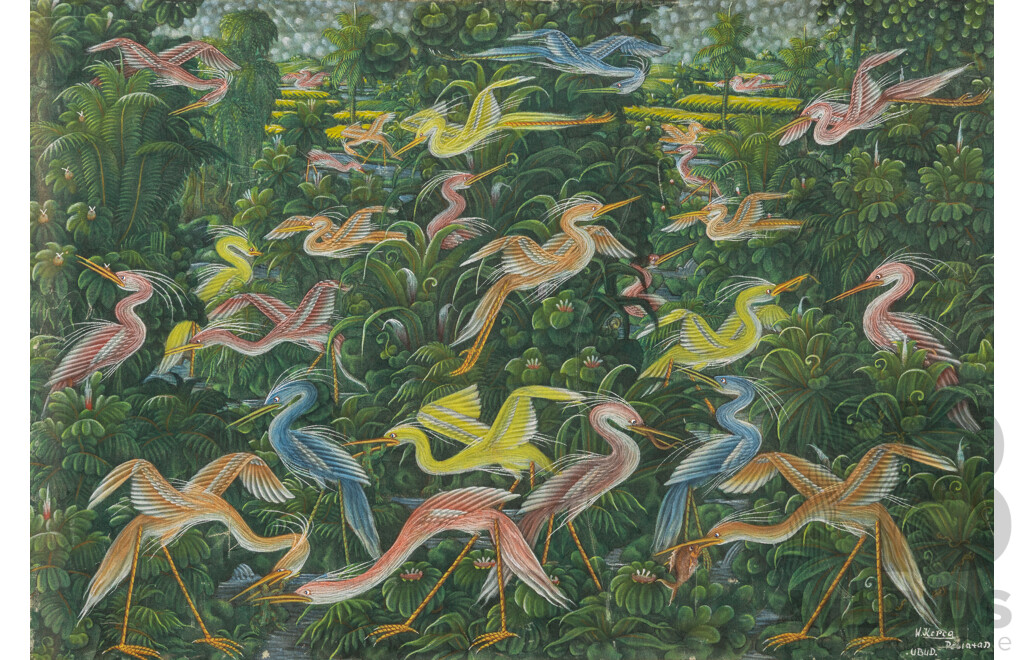 W. Kopca (20th Century, Balinese), Birds Deep in Forest Waters, Vintage Pigment on Cloth Stretched to Frame, 49 x 71 cm