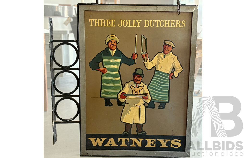Vintage Hand Painted Double Sided Pub Sign 'Three Jolly Butchers' Watneys