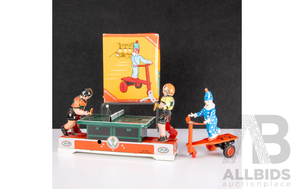 Vintage Pressed Steel Clock Work Toys Including Ping Pong and Roli Zoli with Box