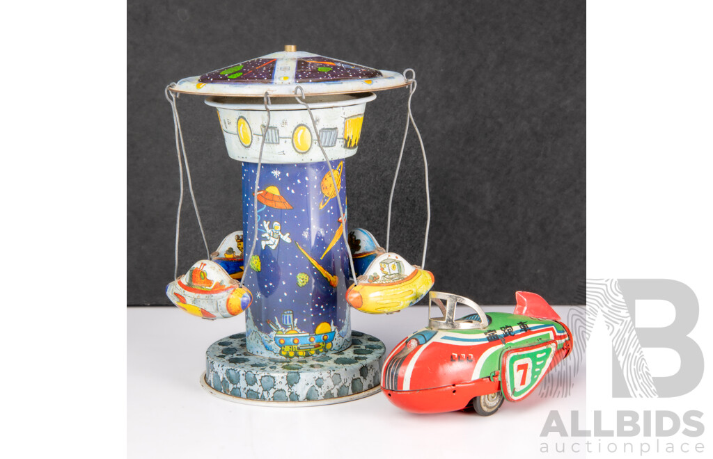 Vintage Pressed Steel Rocket with Friction Motor, Made in China and Spring Driven Space Ride