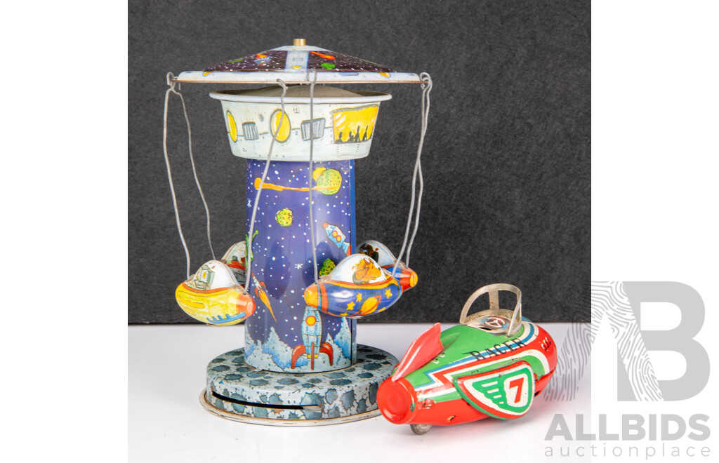 Vintage Pressed Steel Rocket with Friction Motor, Made in China and Spring Driven Space Ride