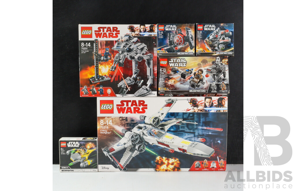 Collection Six Lego Starwars Sets, Opened, in Original Boxes with Instructions Including X Wing Starfighter 75218, First Order at at 75201 and More