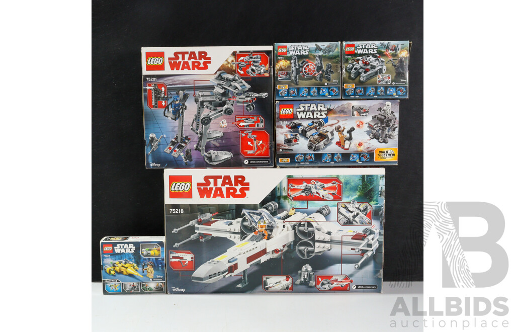Collection Six Lego Starwars Sets, Opened, in Original Boxes with Instructions Including X Wing Starfighter 75218, First Order at at 75201 and More
