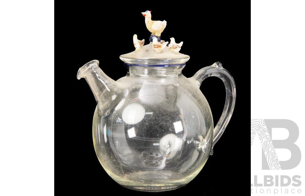 Hand Made Local Canberra Studio Glass Lidded Teapot with Kiln Worked Chicken Decoration to Top