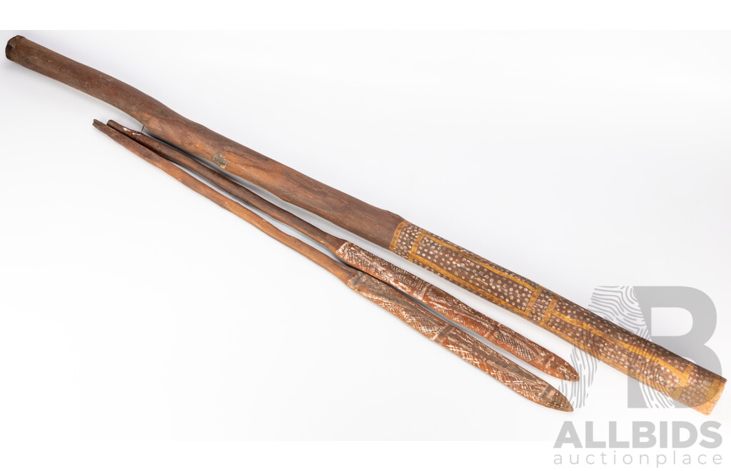 Hand Made Australian Eucalyptus Didgeridoo with Painted Decoration Along with Pair Australian Indigenous Wooden Clubs with Cross Hatched Decoration