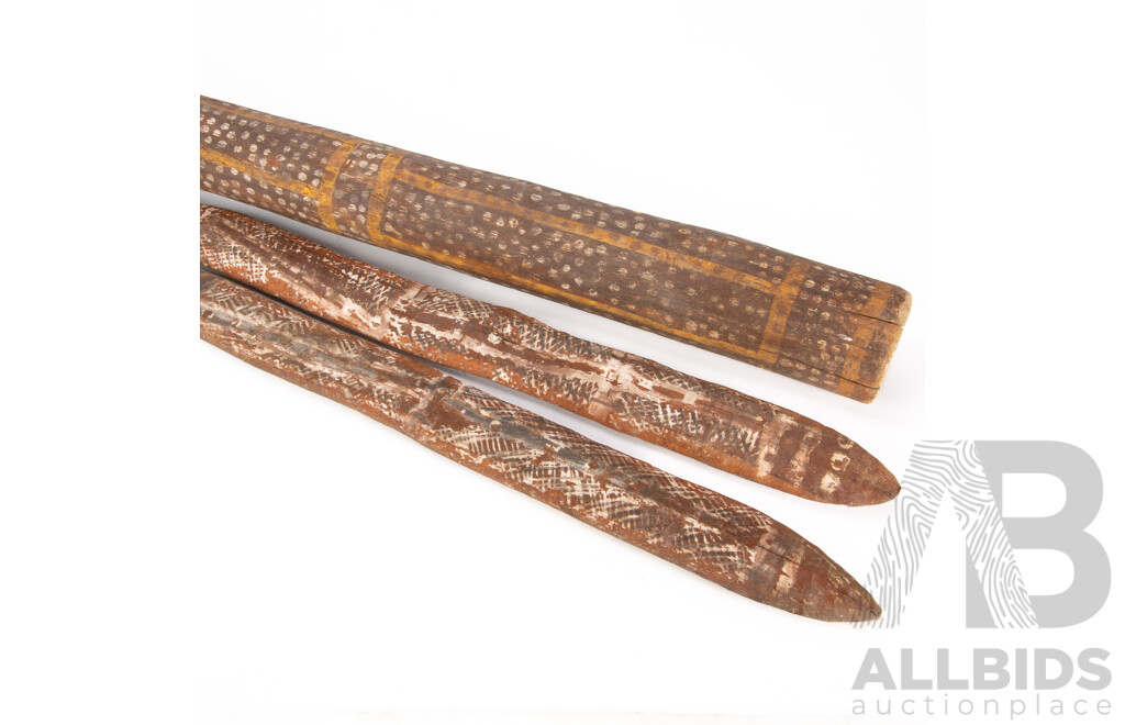 Hand Made Australian Eucalyptus Didgeridoo with Painted Decoration Along with Pair Australian Indigenous Wooden Clubs with Cross Hatched Decoration
