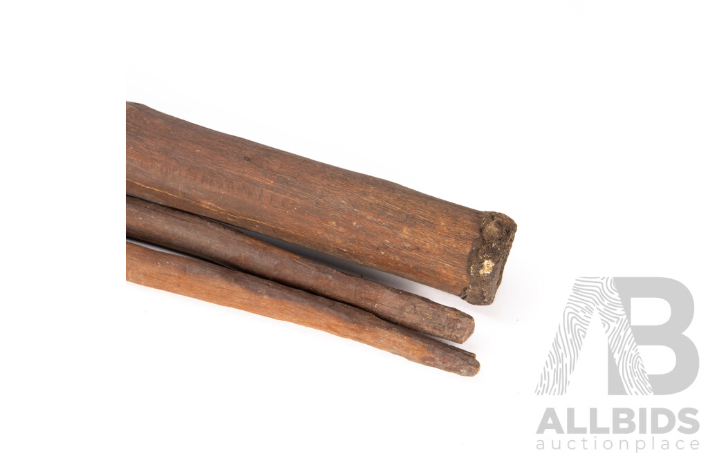 Hand Made Australian Eucalyptus Didgeridoo with Painted Decoration Along with Pair Australian Indigenous Wooden Clubs with Cross Hatched Decoration