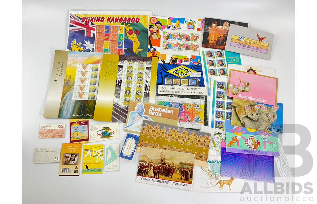 Collection of Australian Stamp Packs, Booklets and Sheets Including Colonial Military Uniforms, Prime Ministers, Australian Birds, Art of the Desert, Collectors Choice
