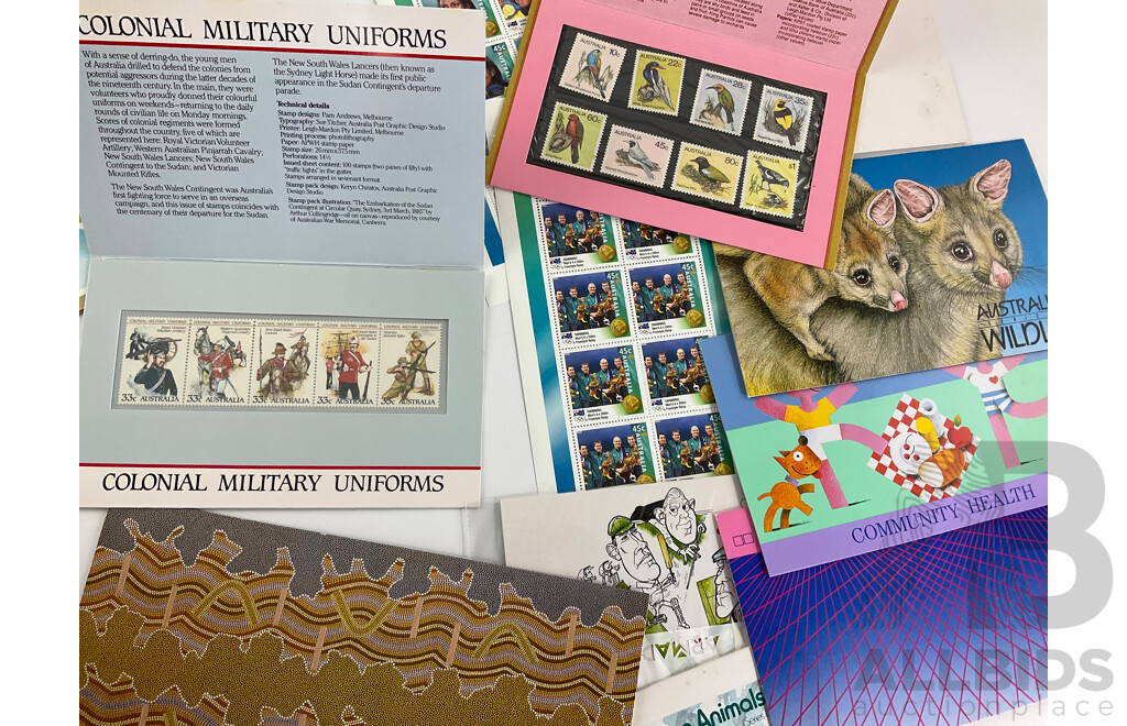 Collection of Australian Stamp Packs, Booklets and Sheets Including Colonial Military Uniforms, Prime Ministers, Australian Birds, Art of the Desert, Collectors Choice
