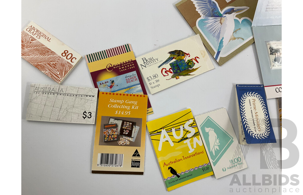 Collection of Australian Stamp Packs, Booklets and Sheets Including Colonial Military Uniforms, Prime Ministers, Australian Birds, Art of the Desert, Collectors Choice