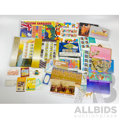 Collection of Australian Stamp Packs, Booklets and Sheets Including Colonial Military Uniforms, Prime Ministers, Australian Birds, Art of the Desert, Collectors Choice