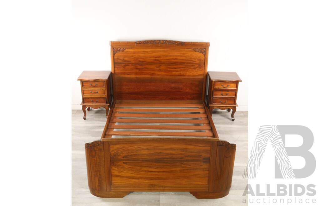 Vintage French Art Deco Mahogany Double Bed Frame and Two Reproduction  Bedside Cabinets