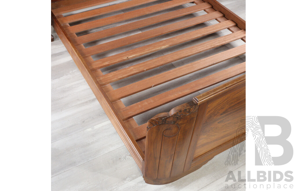 Vintage French Art Deco Mahogany Double Bed Frame and Two Reproduction  Bedside Cabinets