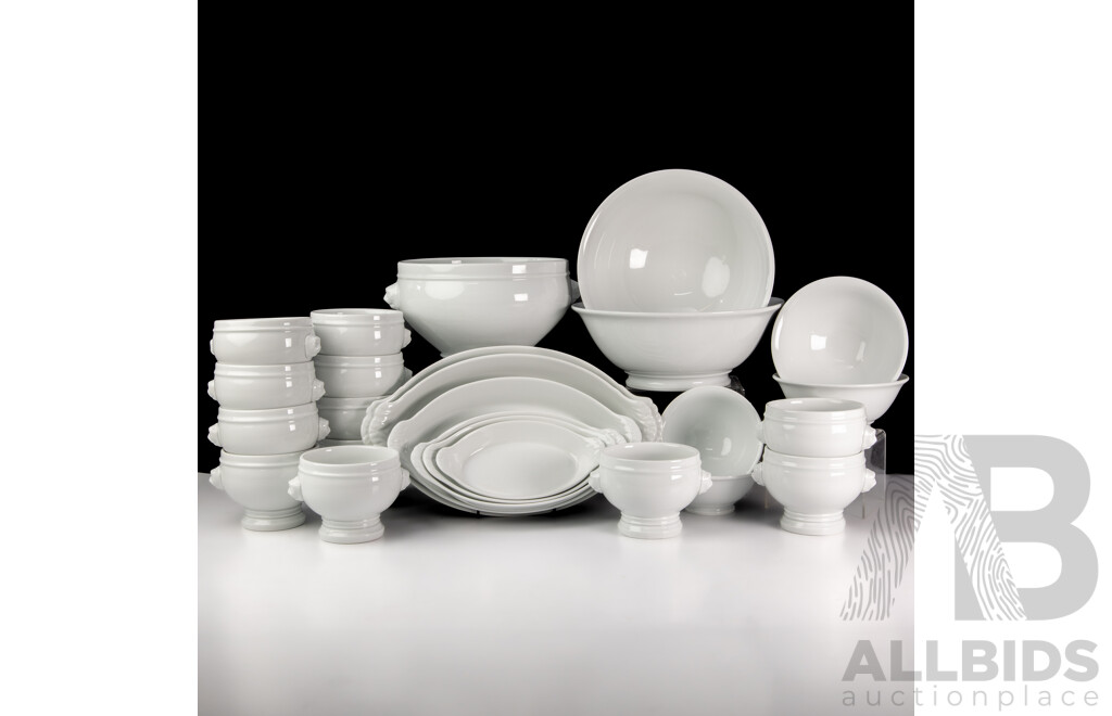 Collection 25 Pieces French Pillivuyt Porcelain Crockery Comprising Set Six Graduating Dishes, Tureen with Lion Masks with Set 12 Matching Soup Bowls and More