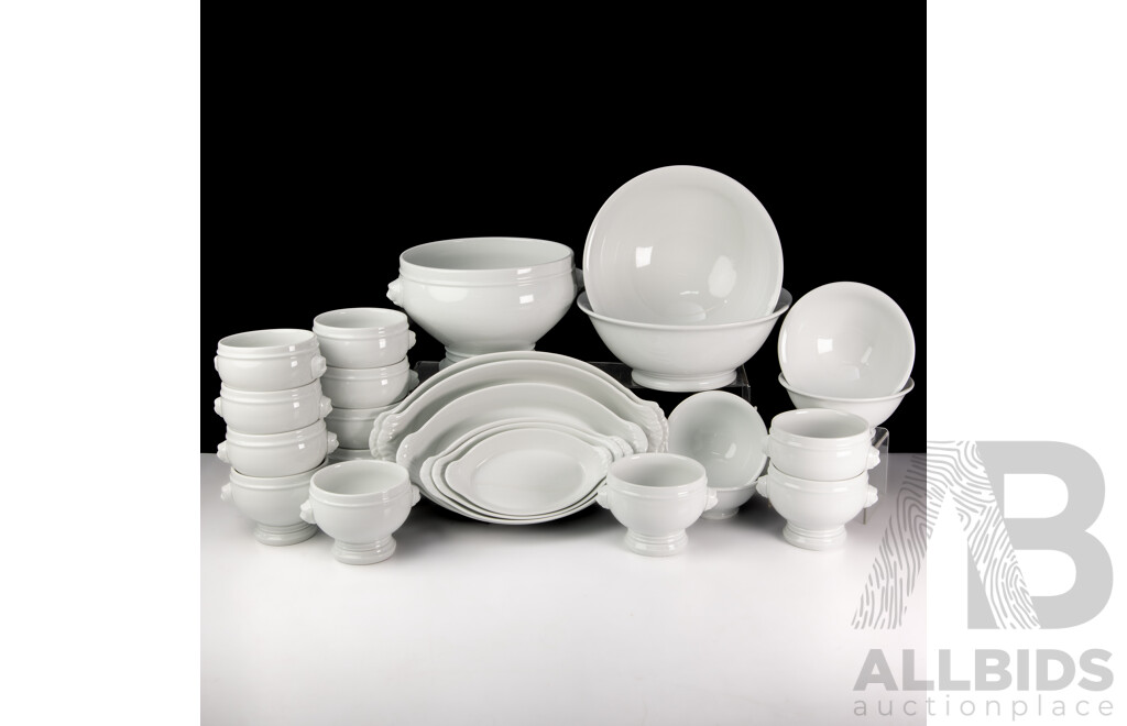 Collection 25 Pieces French Pillivuyt Porcelain Crockery Comprising Set Six Graduating Dishes, Tureen with Lion Masks with Set 12 Matching Soup Bowls and More