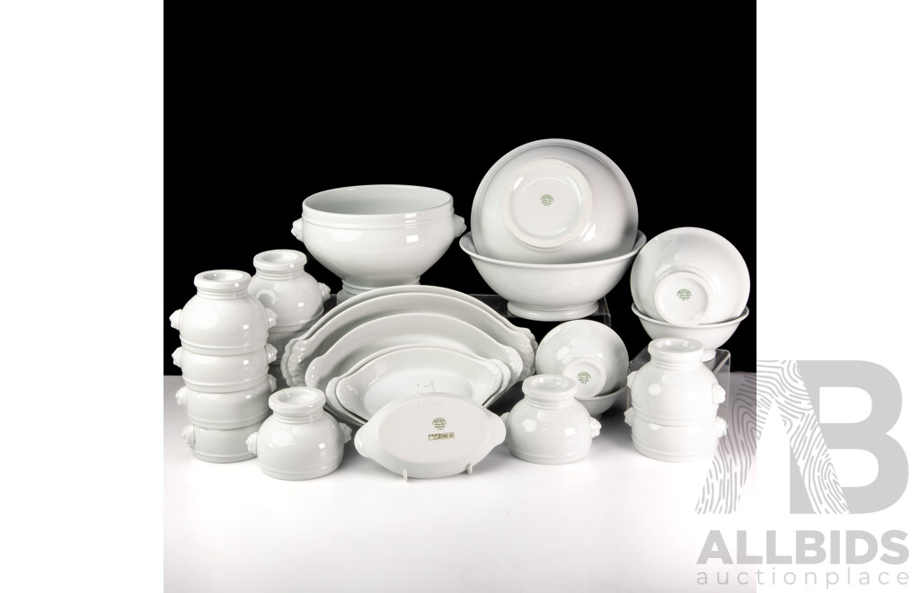 Collection 25 Pieces French Pillivuyt Porcelain Crockery Comprising Set Six Graduating Dishes, Tureen with Lion Masks with Set 12 Matching Soup Bowls and More