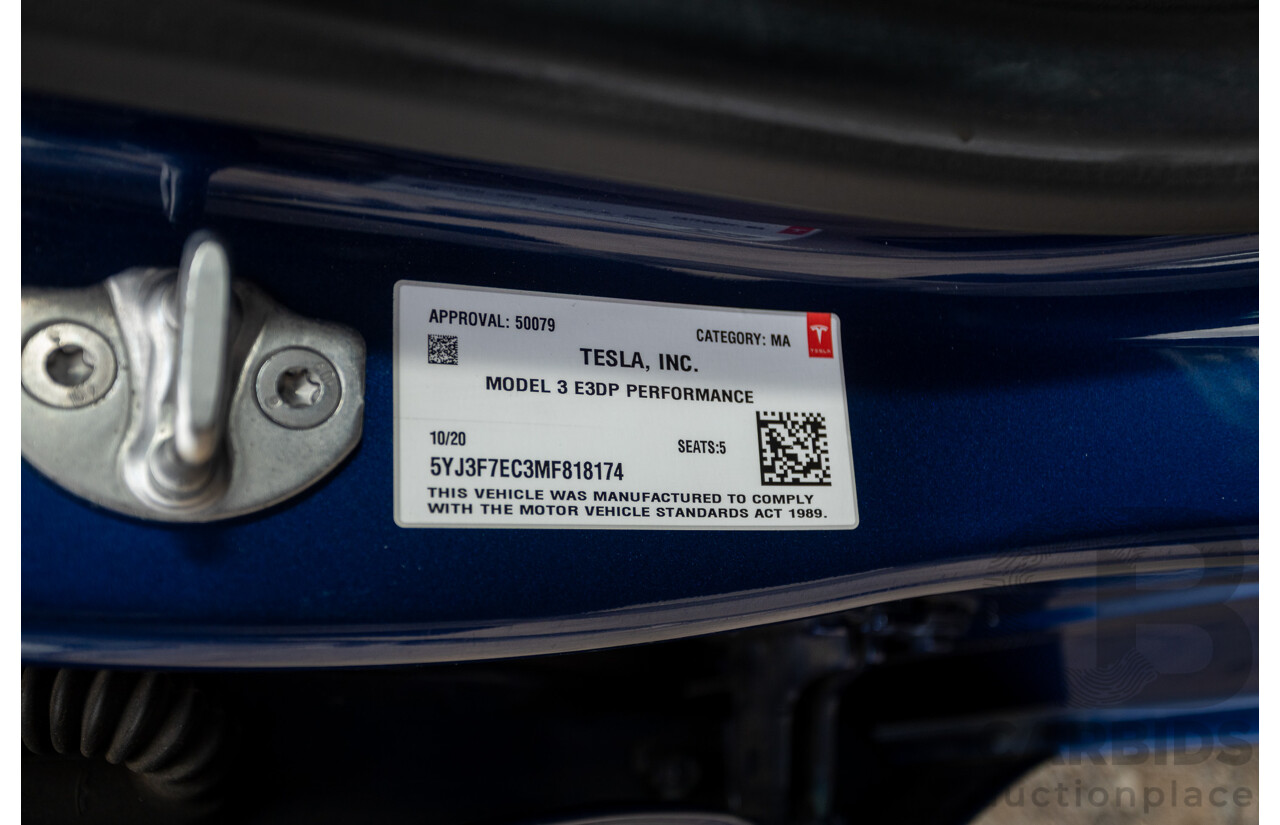 10/2020 Tesla Model 3 Performance (AWD) Dual Motor 4d Sedan Deep Blue Metallic - Dedicated Electric EV 335kw