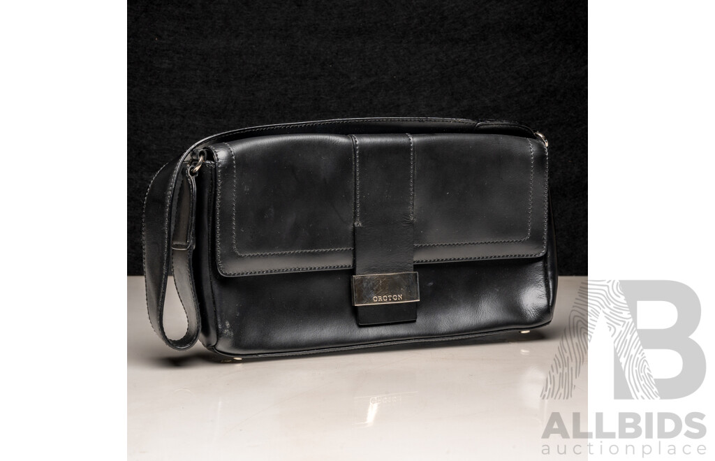 Oroton Black Leather High Street Flap Over Handbag (2005)