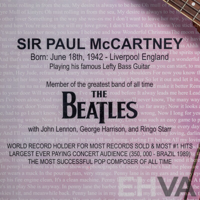 Sir Paul McCartney Signed Four String De Rosa Base Guitar in Box Frame with COA