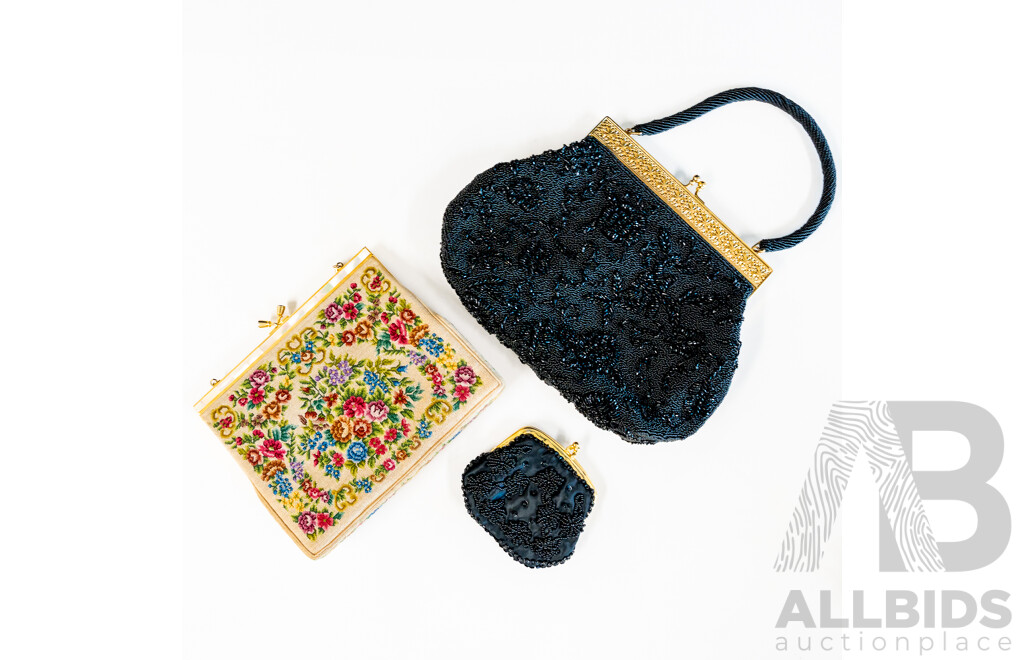 Beaded Black Evening Bag & Petit Point Tapestry Evening Bag, Both Made in Hong Kong