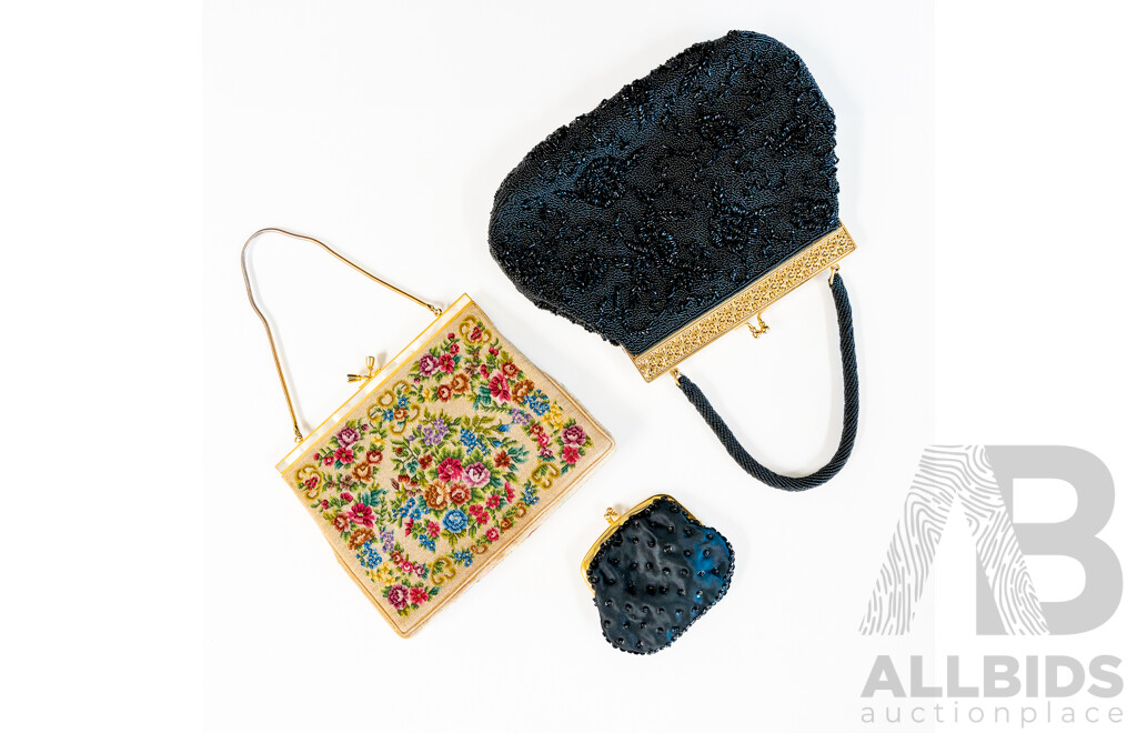 Beaded Black Evening Bag & Petit Point Tapestry Evening Bag, Both Made in Hong Kong